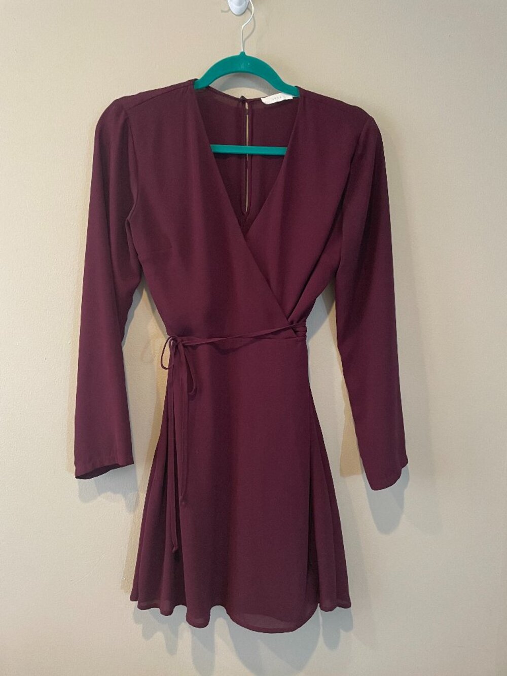 Lush Burgundy Wine Faux-Wrap Dress Long Sleeve Tie Waist Fit & Flare S